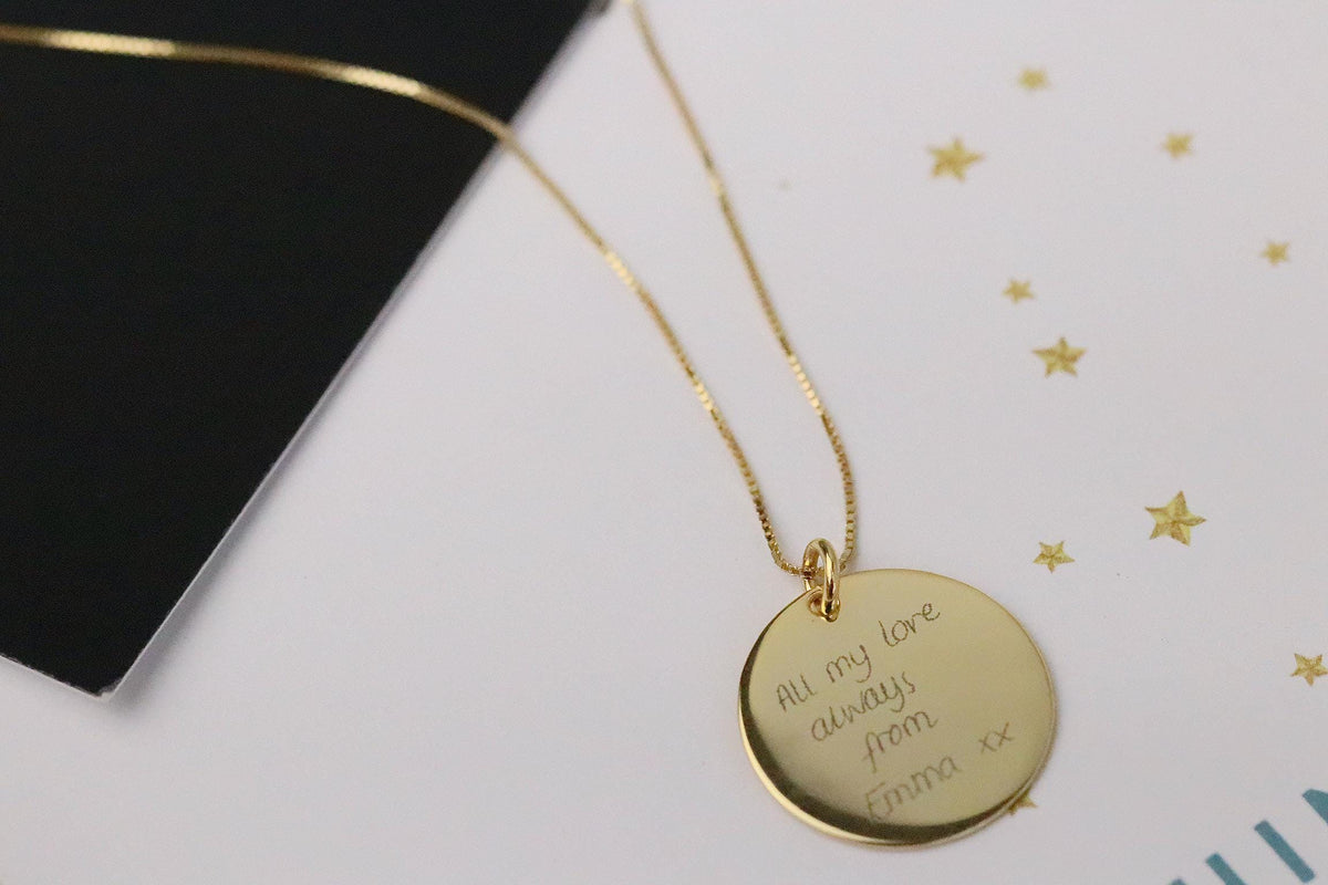 Personalised Engraved Disc Necklace, 2cm Round Pendant in 925 Silver. Custom Message Necklace, Birthday Gift for Her, Gold Photo Engraved