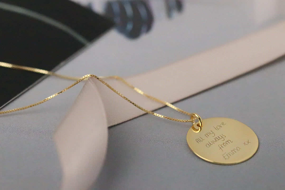 Personalised Engraved Disc Necklace, 2cm Round Pendant in 925 Silver. Custom Message Necklace, Birthday Gift for Her, Gold Photo Engraved