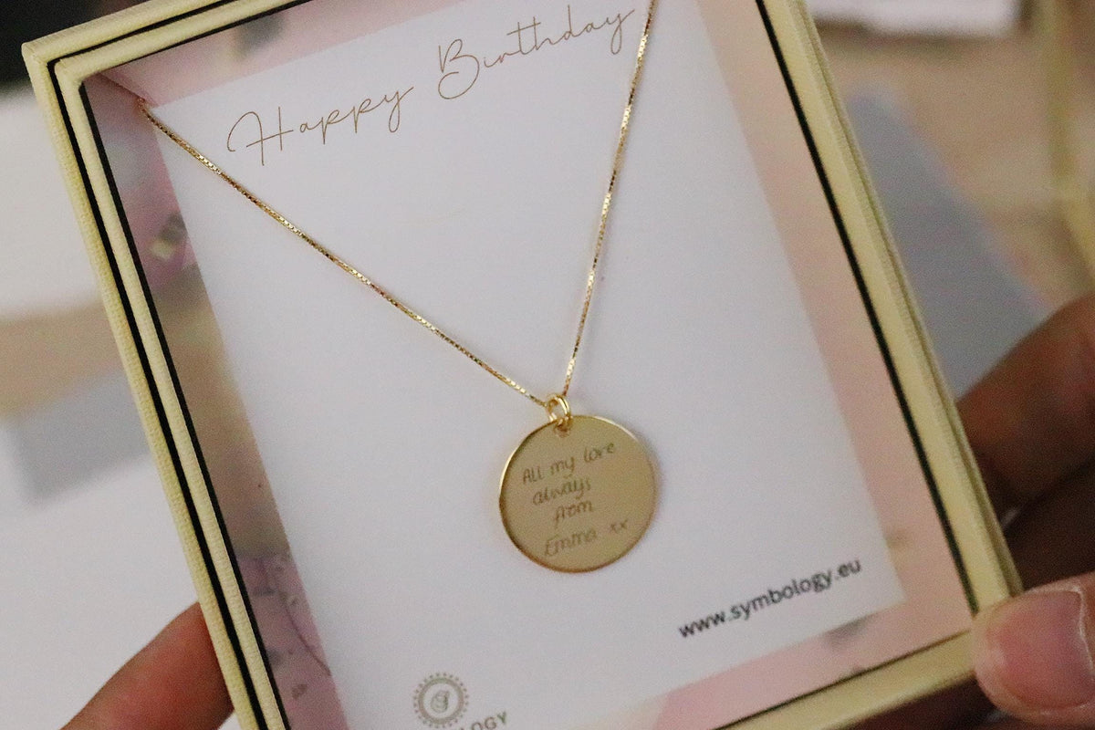 Personalised Engraved Disc Necklace, 2cm Round Pendant in 925 Silver. Custom Message Necklace, Birthday Gift for Her, Gold Photo Engraved