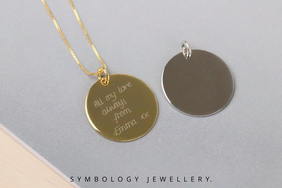 Personalised Engraved Disc Necklace, 2cm Round Pendant in 925 Silver. Custom Message Necklace, Birthday Gift for Her, Gold Photo Engraved