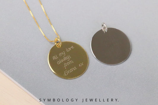 Personalised Engraved Disc Necklace, 2cm Round Pendant in 925 Silver. Custom Message Necklace, Birthday Gift for Her, Gold Photo Engraved