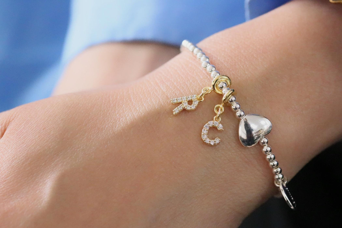 3mm Dainty Crystal Initial Bracelet, Silver Plated Beaded Love Heart Name Bracelet, Custom Birthstone Bracelet, Happy Birthday Gift for Her