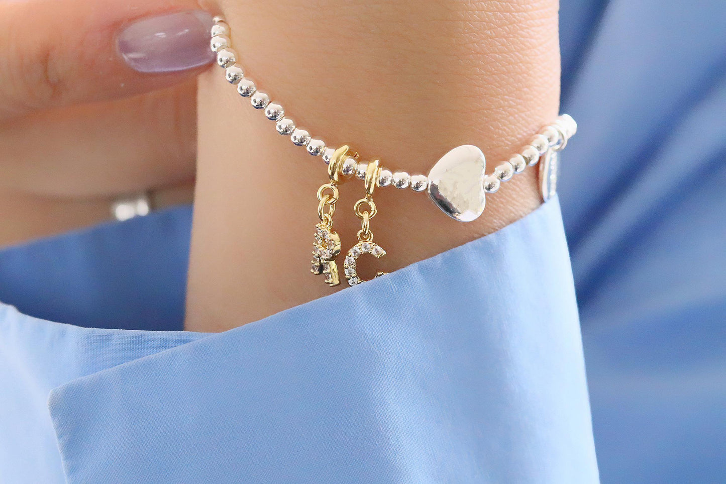 3mm Dainty Crystal Initial Bracelet, Silver Plated Beaded Love Heart Name Bracelet, Custom Birthstone Bracelet, Happy Birthday Gift for Her
