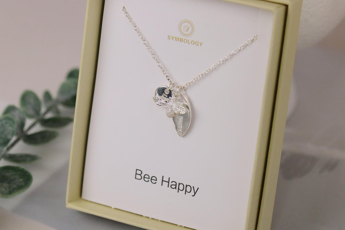 Silver Bee Charm Necklace: Personalized Initial & Birthstone Pendant