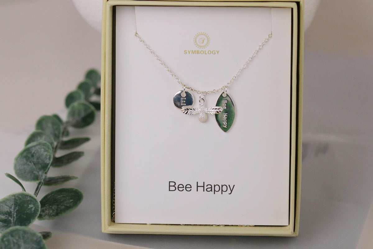 Silver Bee Charm Necklace: Personalized Initial & Birthstone Pendant