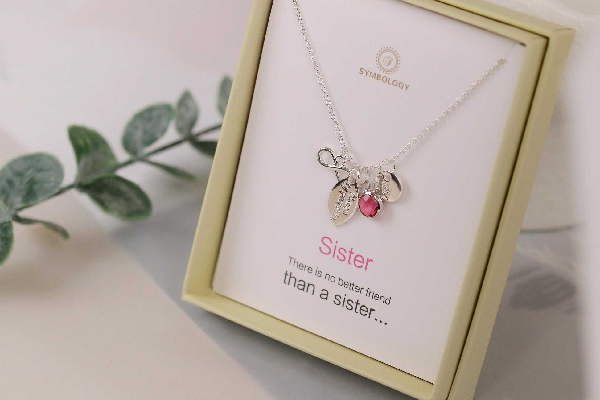 Sterling Silver Plated Sister Necklace: Infinity Pendant, Birthstone Initial