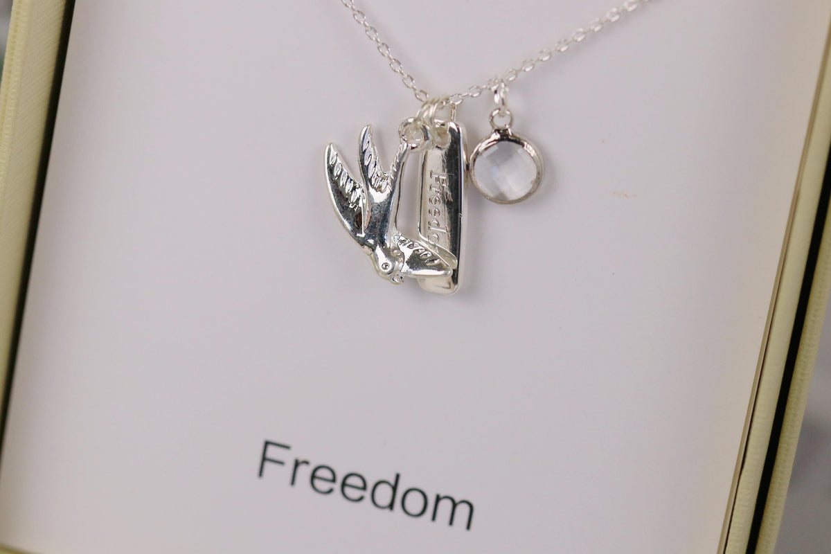 Freedom Personalised Necklace. Silver Swallow Charm, Birthstone Initial Pendant, Sentimental Womens Jewellery. Gift for Her, Gift for Friend