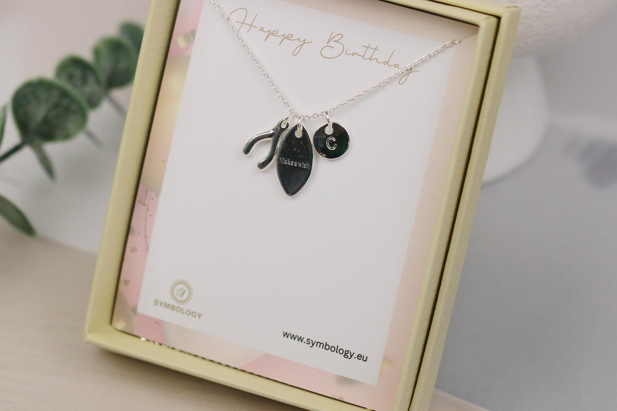 Personalized Birthday Necklace: Silver Wishbone Charm, Birthstone Initial