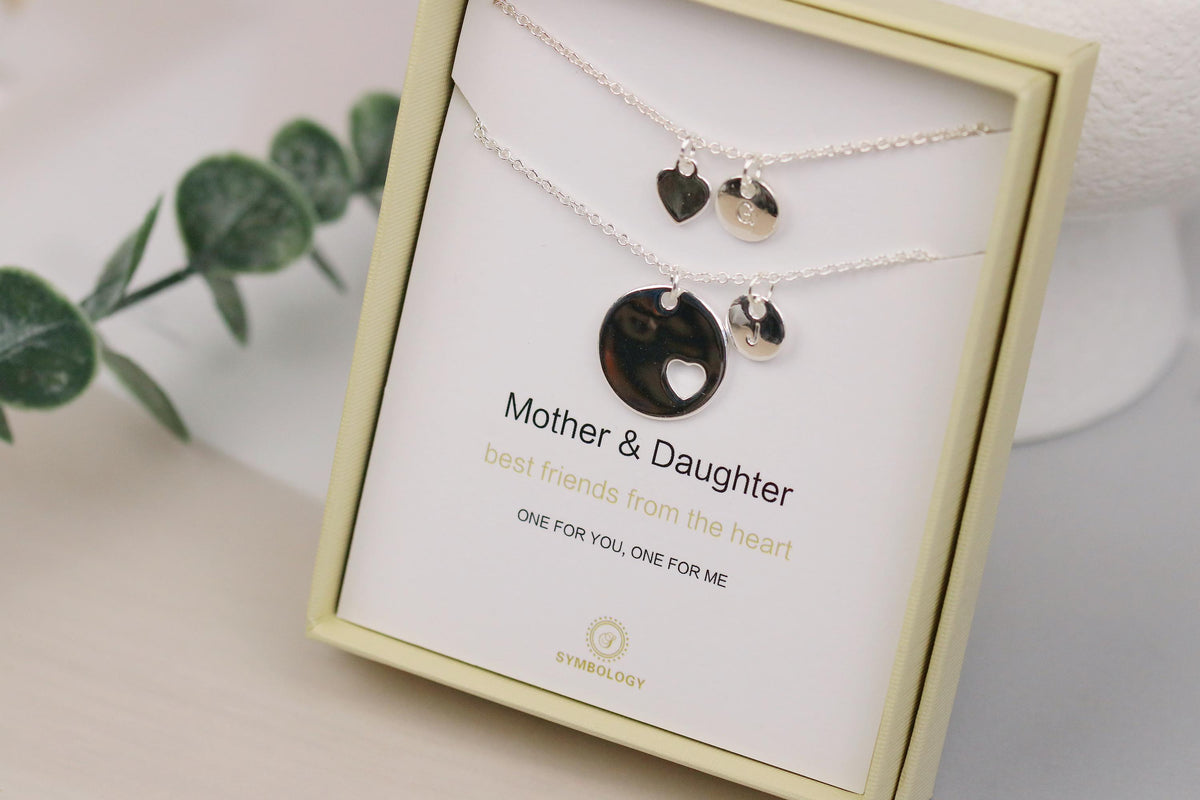 Mother Daughter Necklace Set: Sterling Silver Initial Birthstone Charm