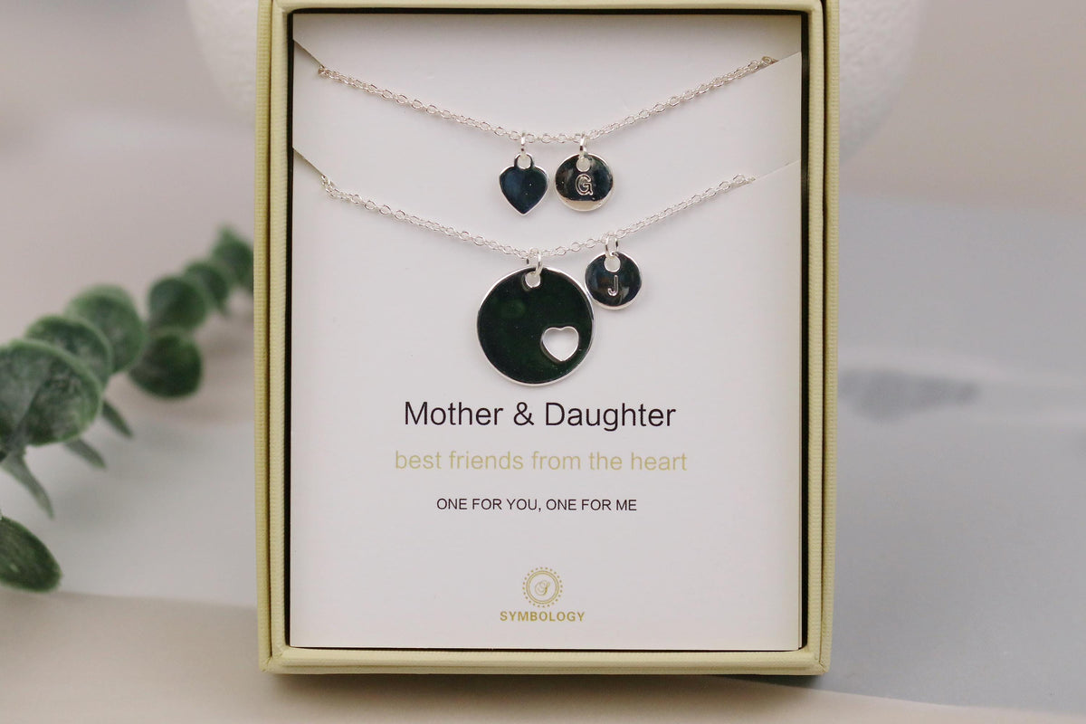 Mother Daughter Necklace Set: Sterling Silver Initial Birthstone Charm