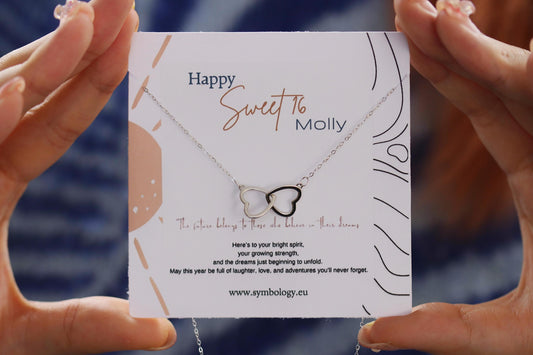Sweet 16th Birthday Gift for Daughter, Sterling Silver Double Heart Necklace, Sixteen Keepsake Pendant with Personalised Name Card
