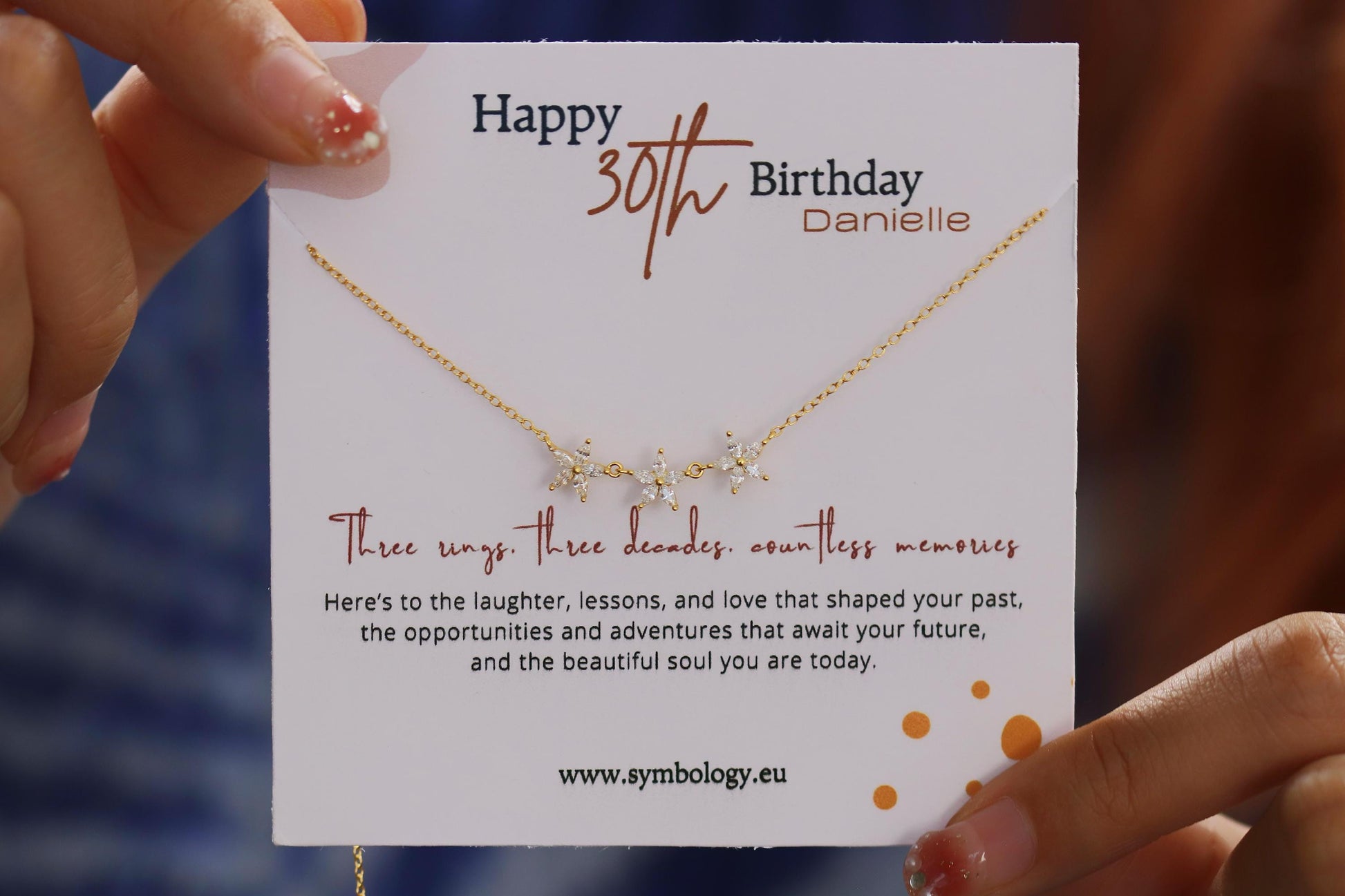 Sweet 30th Birthday Gift, Sterling Silver Gold Flower CZ Crystal Necklace, Thirty Keepsake Pendant with Personalised Name Card