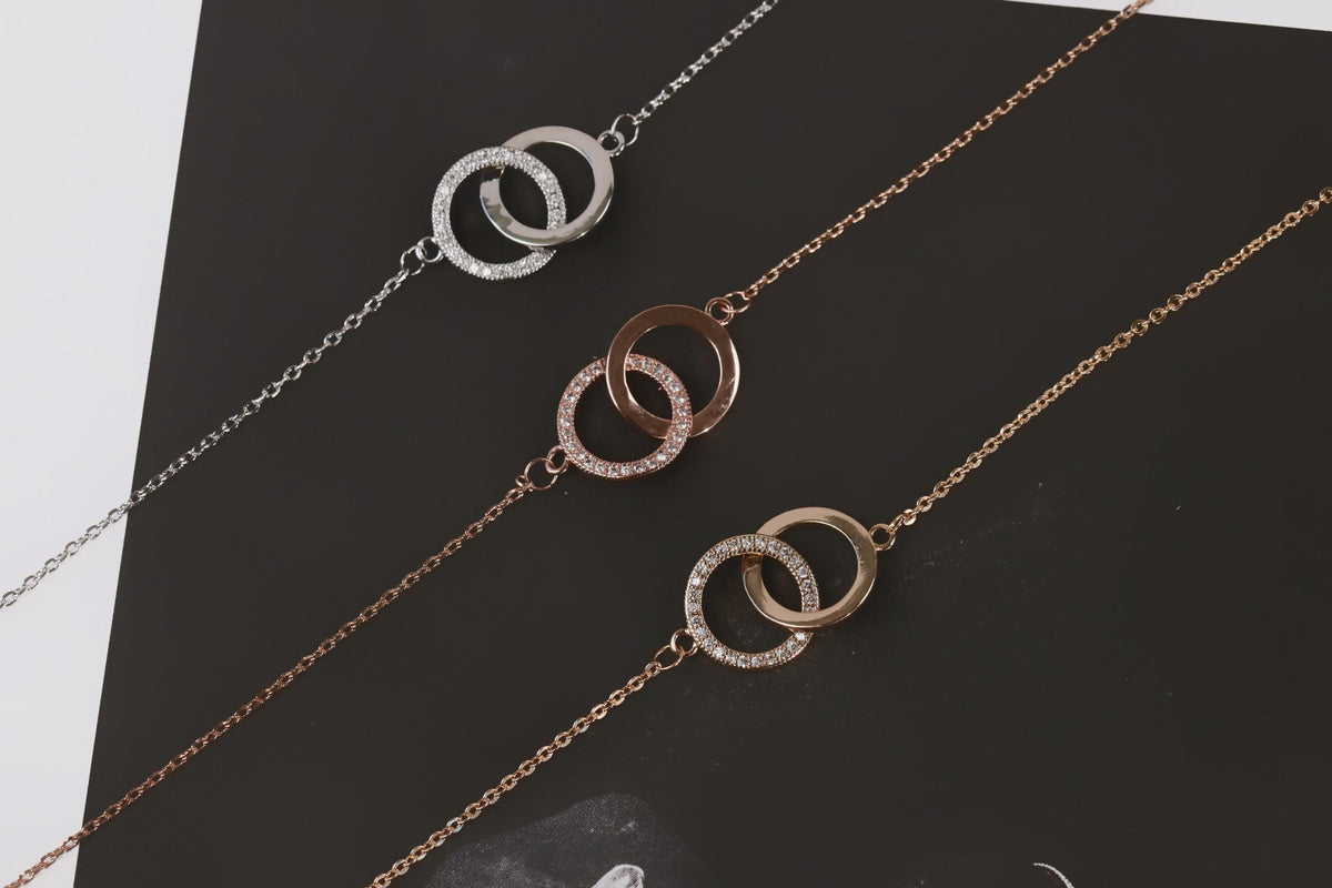 Mother Daughter Interlocking Bracelet Set | Gold & Silver Double Circle Bangle | Dainty CZ Minimalist Bracelet | Minimalist Couple Jewellery
