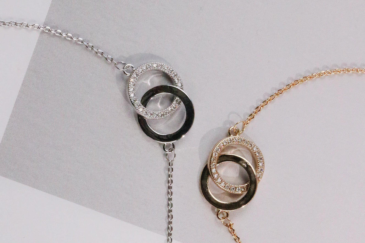 Interlocking Circles Bracelet | Gold & Silver Double Ring Bangle | Dainty CZ Friendship Bracelet | Minimalist Couple Gift for Her