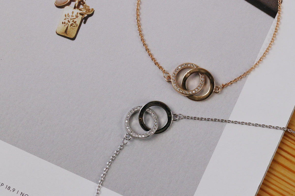 Interlocking Circles Bracelet | Gold & Silver Double Ring Bangle | Dainty CZ Friendship Bracelet | Minimalist Couple Gift for Her
