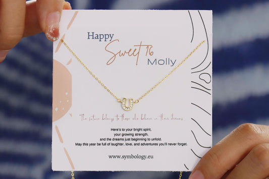 Sweet 16th Birthday Gift for Her, Lucky Horseshoe Necklace, Sterling Silver Dainty Pendant with CZ Crystals, Good Luck Charm Jewellery
