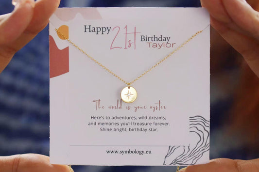 Sweet 21st Birthday Gift for Daughter, Sterling Silver Northern Star Necklace, Twenty-one Compass Pendant with Personalised Name Card