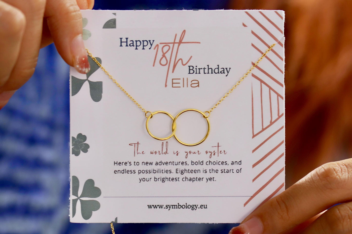 Sweet 18th Birthday Gift for Her, 925 Silver Interlinked Circle Necklace Gift, Eighteen Double Circle Pendant with Personalised Name Card