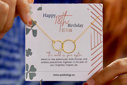 Sweet 18th Birthday Gift for Her, 925 Silver Interlinked Circle Necklace Gift, Eighteen Double Circle Pendant with Personalised Name Card