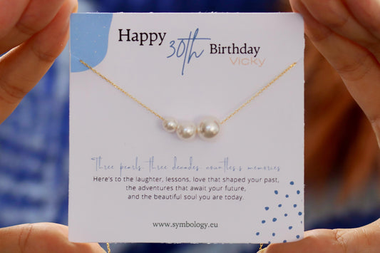 Sweet 30th Birthday Gift for Her, Sterling Silver Three Pearl Necklace, Minimalist Pearl Pendant with Personalised Name Card