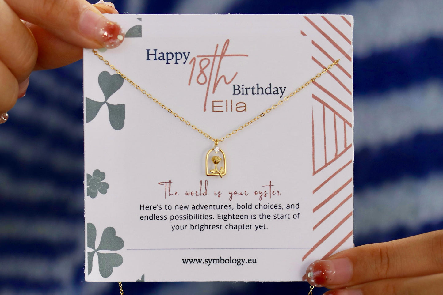 Sweet 18th Birthday Gift for Her, 925 Silver Rose Window Necklace, Eighteen Dainty Floral Pendant with Personalised Name Card