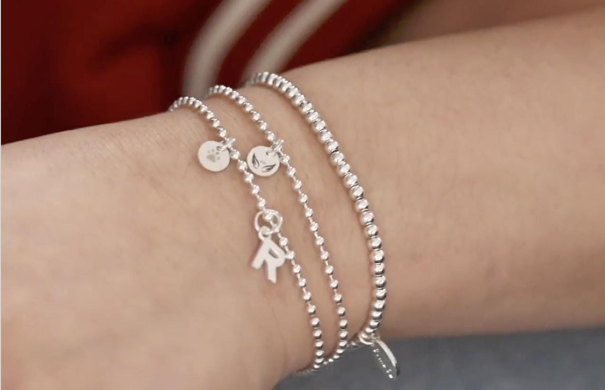Personalised Paw Engraving Bracelet – Silver Beaded Initial Charm Bracelet, Custom Pet Memorial Gift, Dog Mum Jeweller