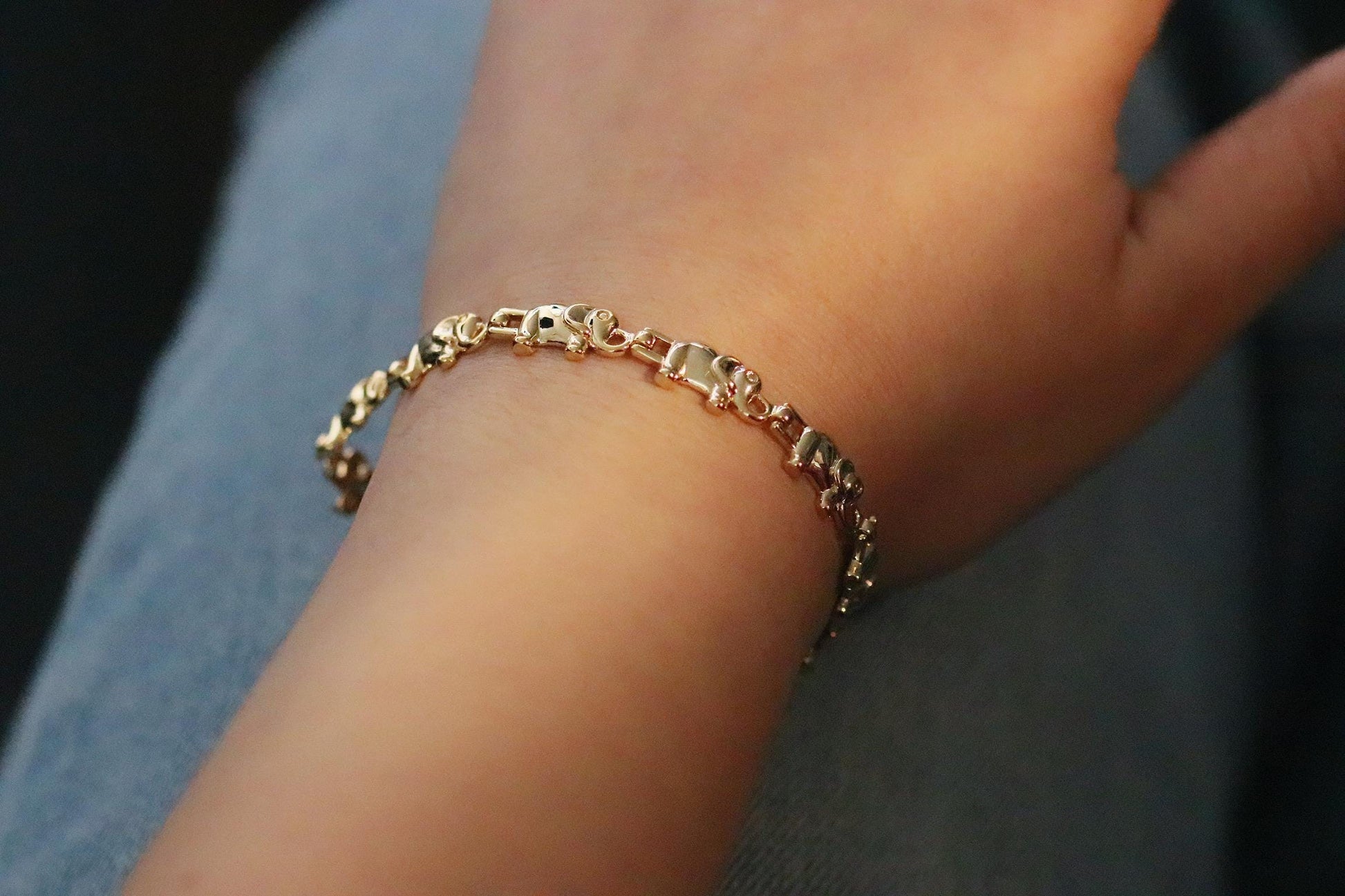Gold Elephant Bracelet – Lucky Elephant Link Bangle, Symbolic Animal Jewellery, Good Luck Gift for Her, Dainty Gold Bracelet