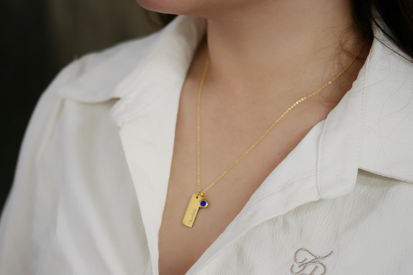 Gold Name Bar Necklace with Birthstone – Personalised Engraved NamePendant, Custom Date Jewellery Gift for Her, Birthday or Christmas Gift