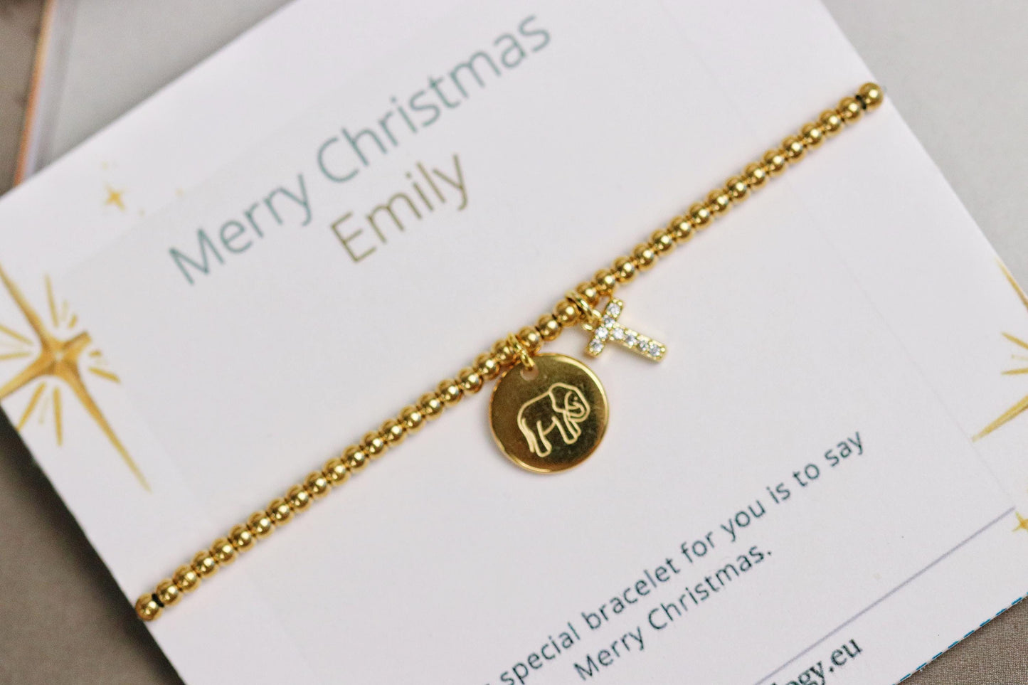 Elastic Gold Filled Bead Bracelet, 18K Gold Filled Elephant Charm Bracelet, Personalised Initial Bracelet with Personalised Name Card