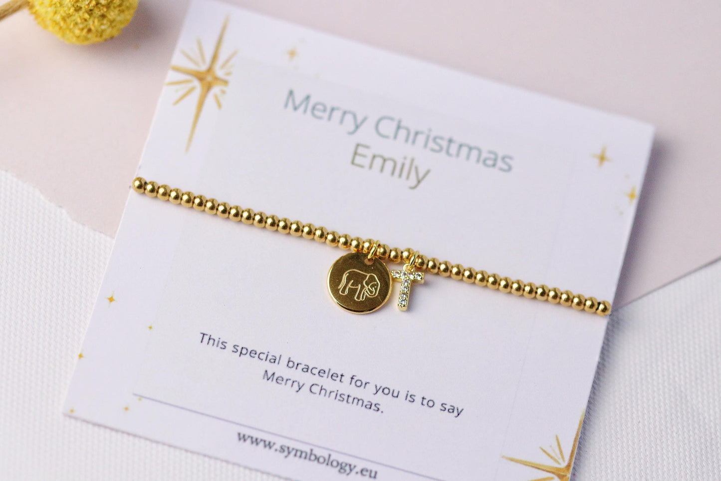 Elastic Gold Filled Bead Bracelet, 18K Gold Filled Elephant Charm Bracelet, Personalised Initial Bracelet with Personalised Name Card