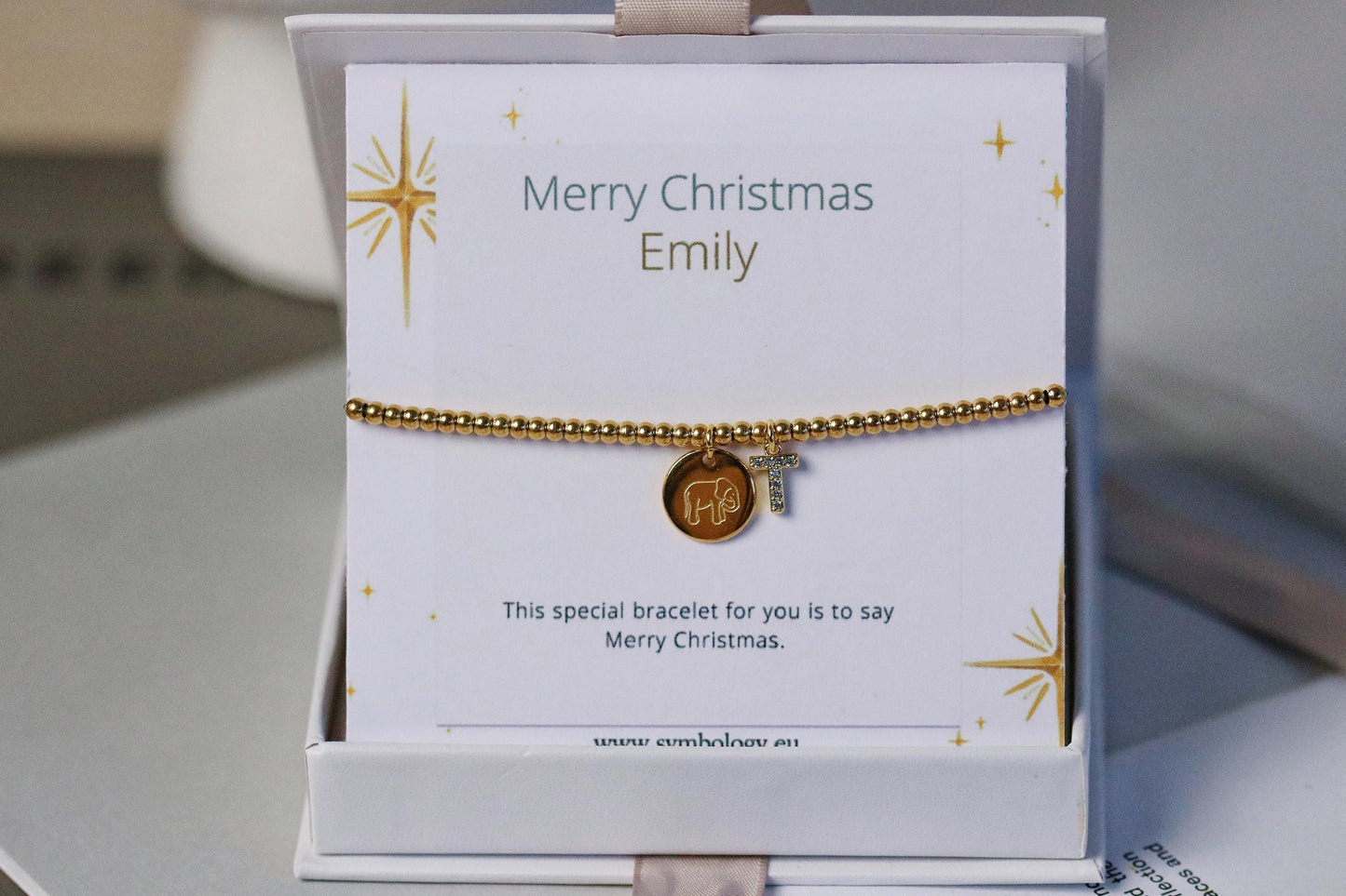 Elastic Gold Filled Bead Bracelet, 18K Gold Filled Elephant Charm Bracelet, Personalised Initial Bracelet with Personalised Name Card