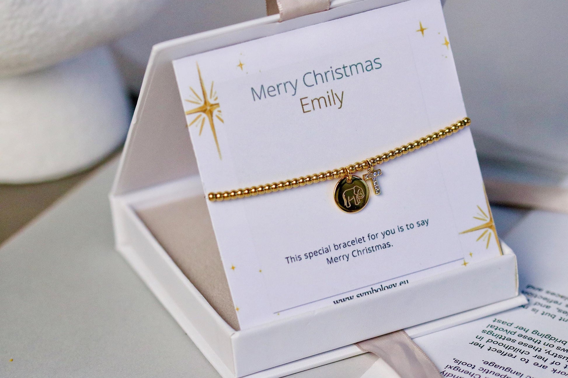 Elastic Gold Filled Bead Bracelet, 18K Gold Filled Elephant Charm Bracelet, Personalised Initial Bracelet with Personalised Name Card