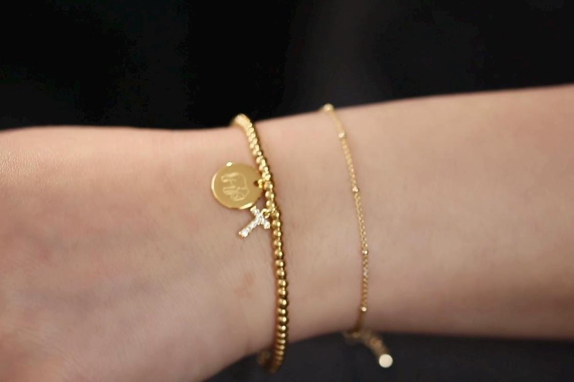 Elastic Gold Filled Bead Bracelet, 18K Gold Filled Elephant Charm Bracelet, Personalised Initial Bracelet with Personalised Name Card