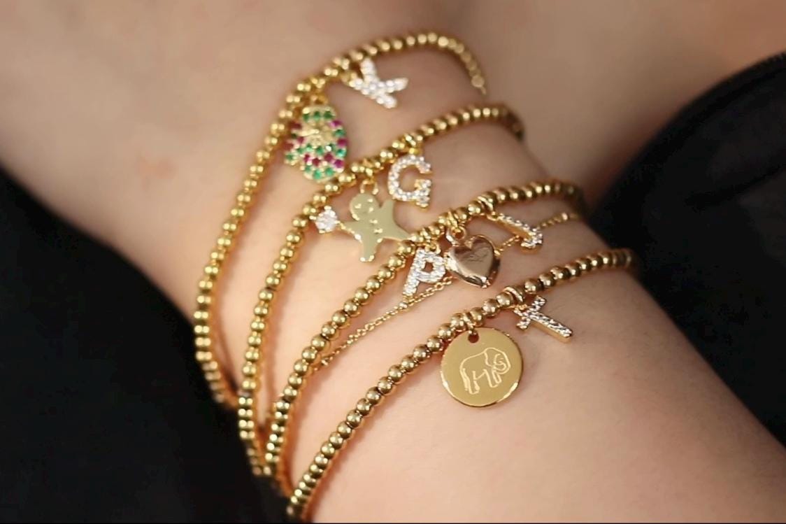 Elastic Gold Filled Bead Bracelet, 18K Gold Filled Elephant Charm Bracelet, Personalised Initial Bracelet with Personalised Name Card