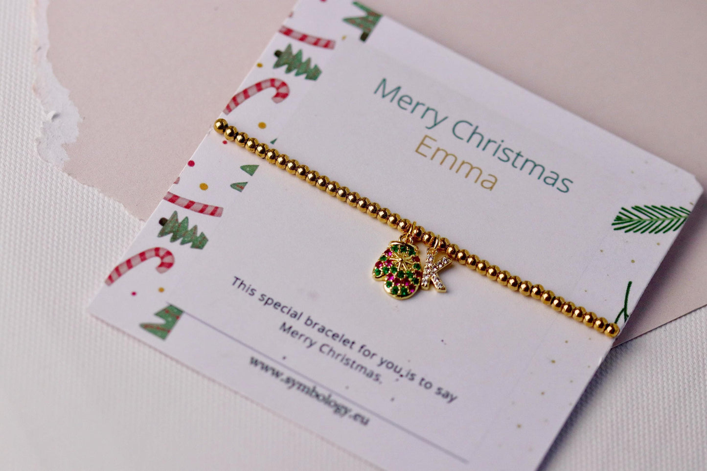 Rainbow Stone Glove Charm Stretch Bracelet, Elastic 18K Gold Filled Beads, Personalised Initial — Gift with Name Card