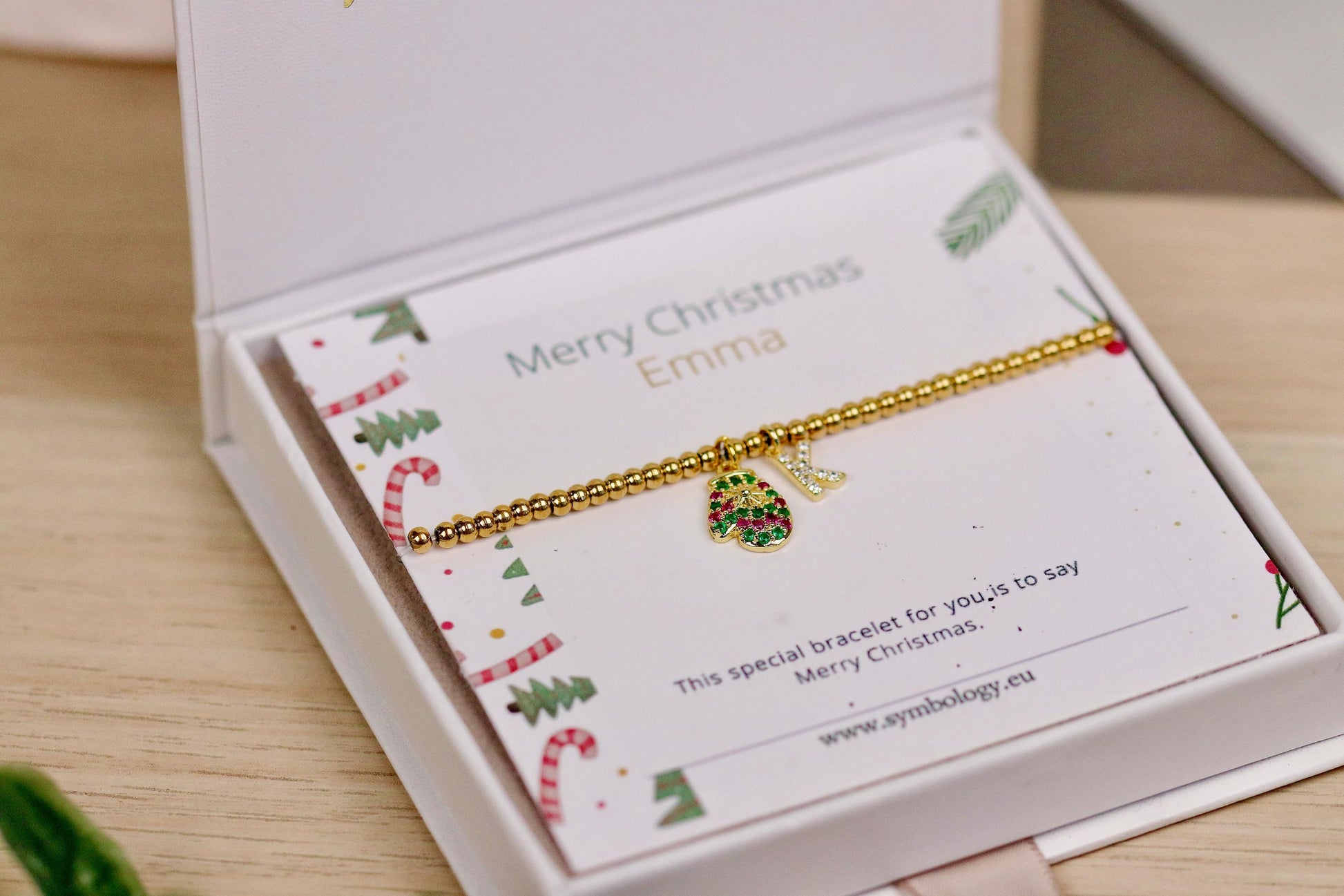 Rainbow Stone Glove Charm Stretch Bracelet, Elastic 18K Gold Filled Beads, Personalised Initial — Gift with Name Card