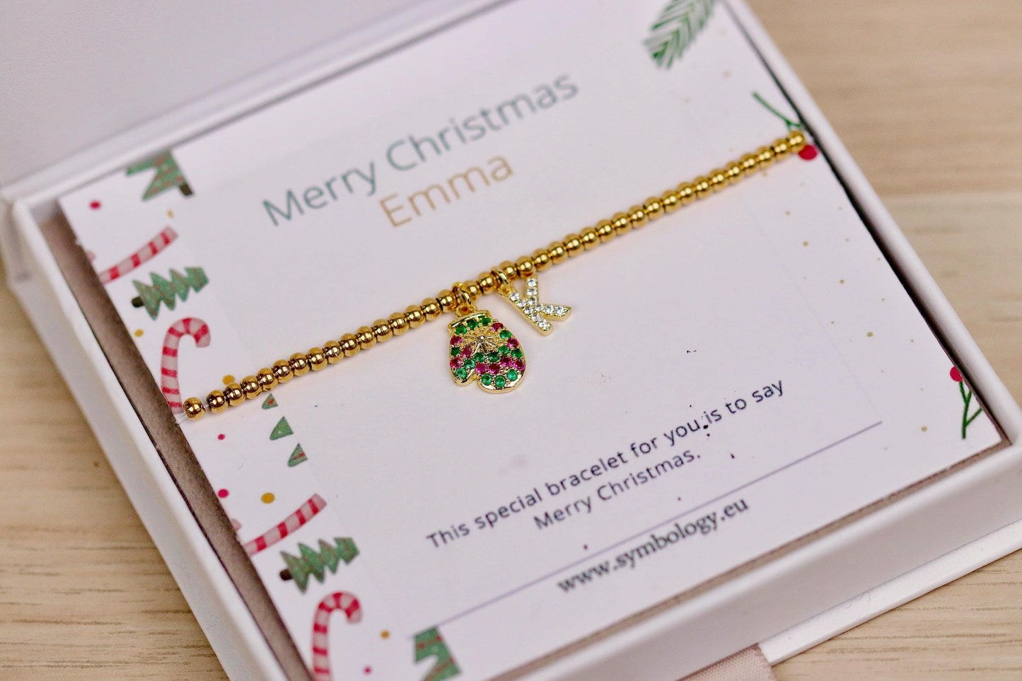 Rainbow Stone Glove Charm Stretch Bracelet, Elastic 18K Gold Filled Beads, Personalised Initial — Gift with Name Card