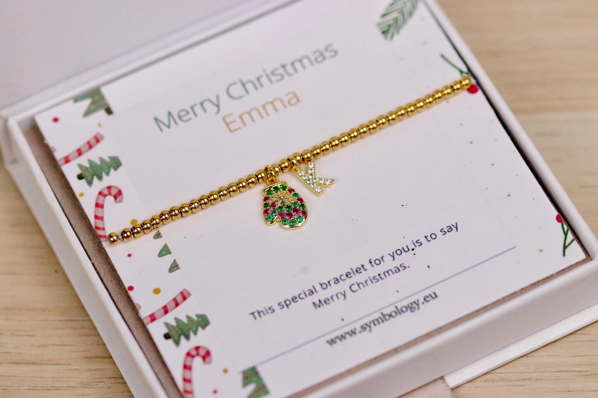Rainbow Stone Glove Charm Stretch Bracelet, Elastic 18K Gold Filled Beads, Personalised Initial — Gift with Name Card