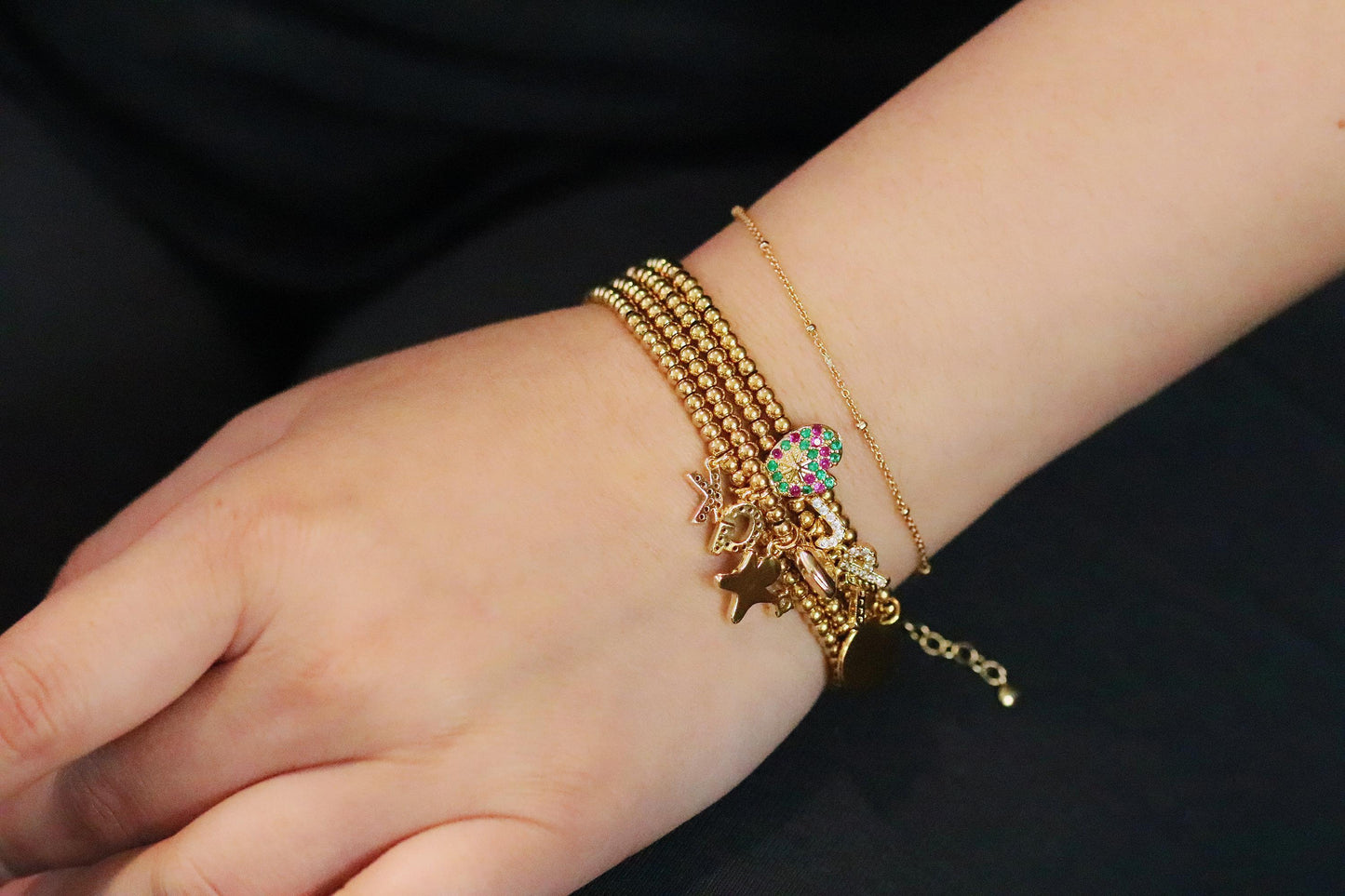 Rainbow Stone Glove Charm Stretch Bracelet, Elastic 18K Gold Filled Beads, Personalised Initial — Gift with Name Card