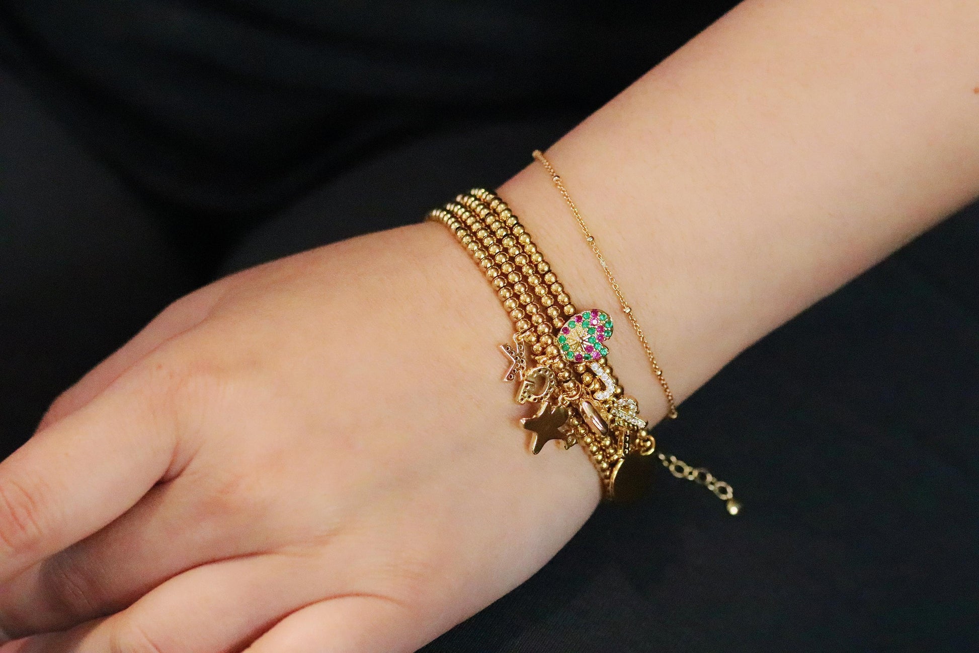 Rainbow Stone Glove Charm Stretch Bracelet, Elastic 18K Gold Filled Beads, Personalised Initial — Gift with Name Card