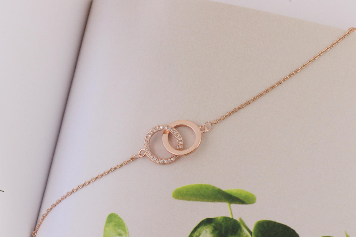 Interlocking Circles Bracelet | Gold & Silver Double Ring Bangle | Dainty CZ Friendship Bracelet | Minimalist Couple Gift for Her