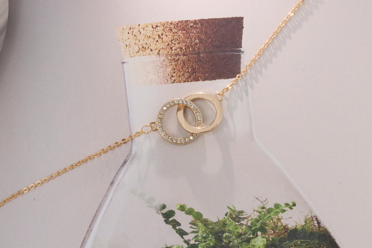 Interlocking Circles Bracelet | Gold & Silver Double Ring Bangle | Dainty CZ Friendship Bracelet | Minimalist Couple Gift for Her