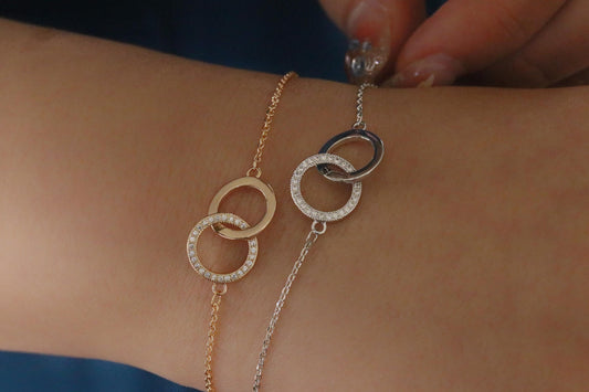 Mother Daughter Interlocking Bracelet Set | Gold & Silver Double Circle Bangle | Dainty CZ Minimalist Bracelet | Minimalist Couple Jewellery