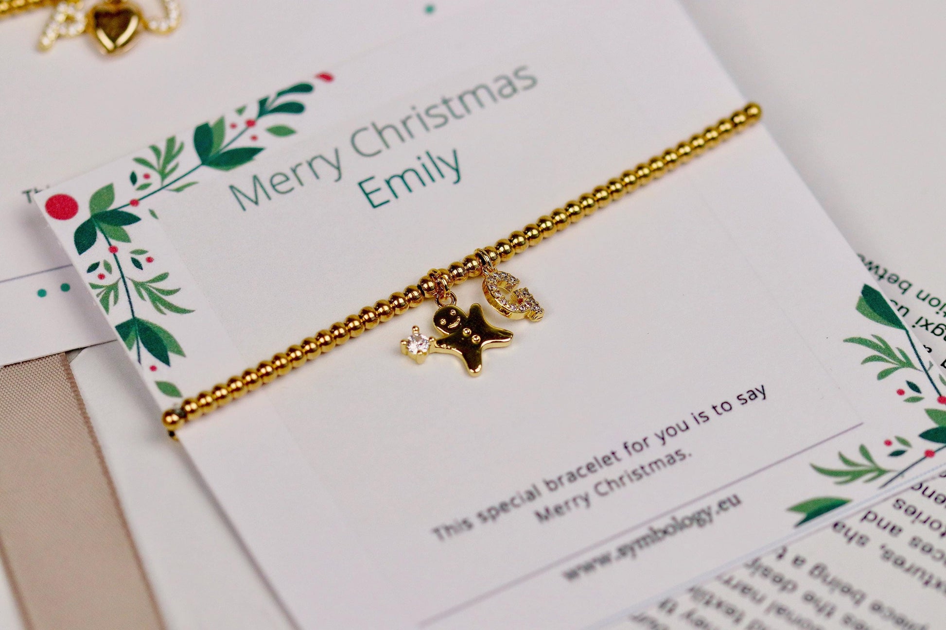 Elastic Gold Filled Beaded Bracelet, Dainty Ginger Bread Man Charm Bangle, Personalised Initial Name Card Jewellery