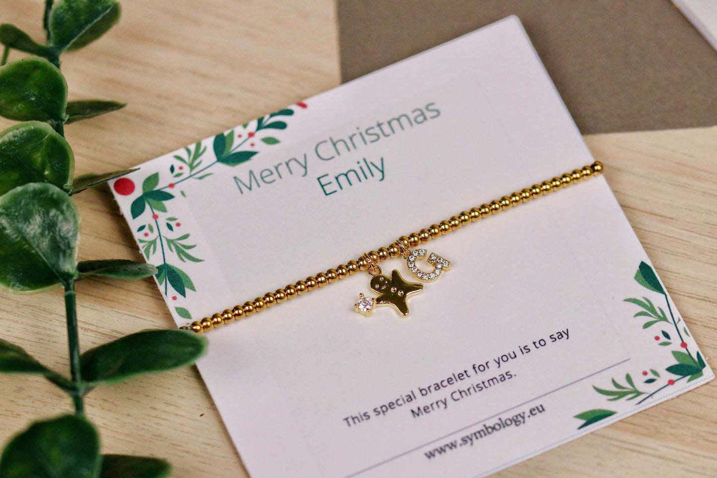 Elastic Gold Filled Beaded Bracelet, Dainty Ginger Bread Man Charm Bangle, Personalised Initial Name Card Jewellery