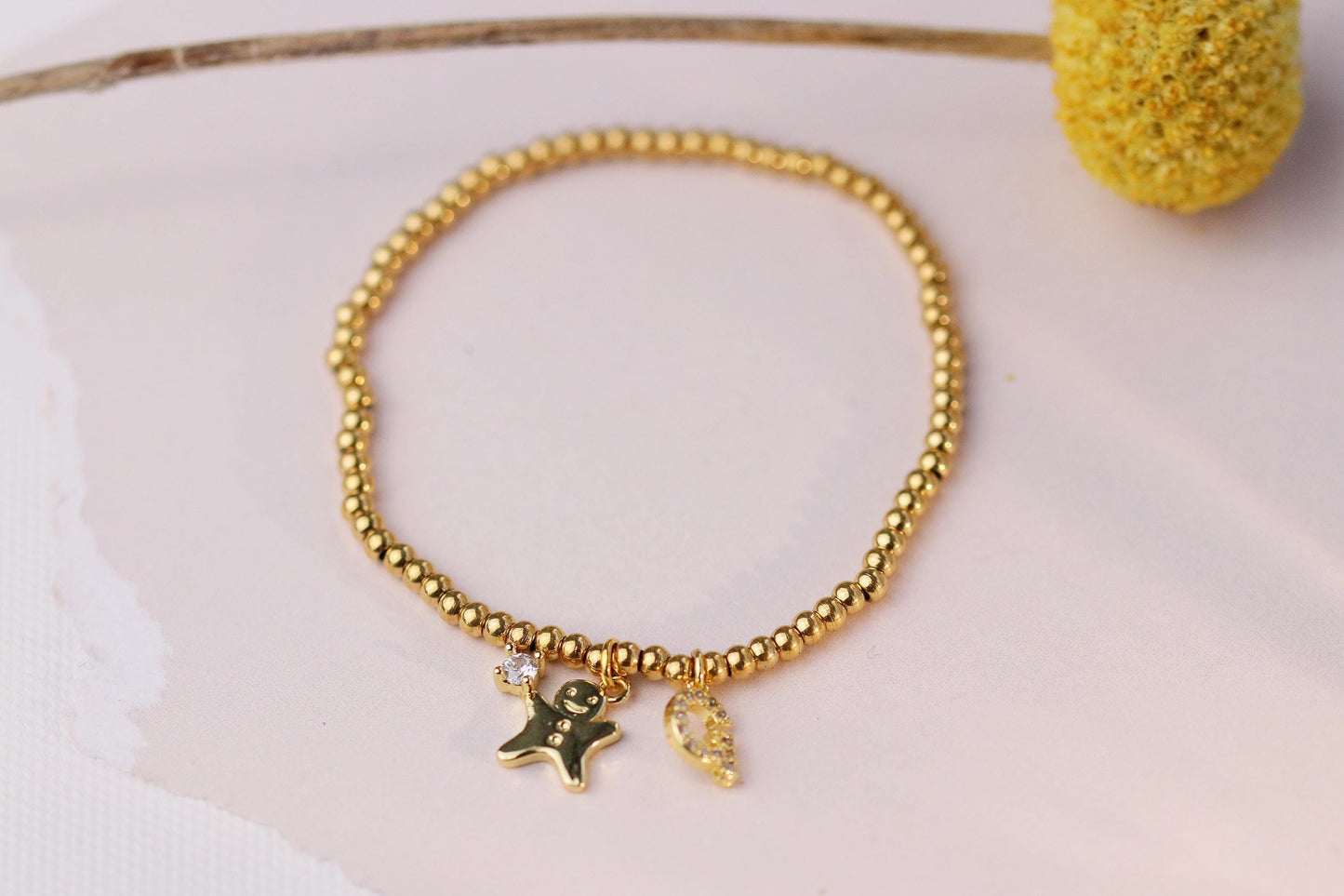 Elastic Gold Filled Beaded Bracelet, Dainty Ginger Bread Man Charm Bangle, Personalised Initial Name Card Jewellery