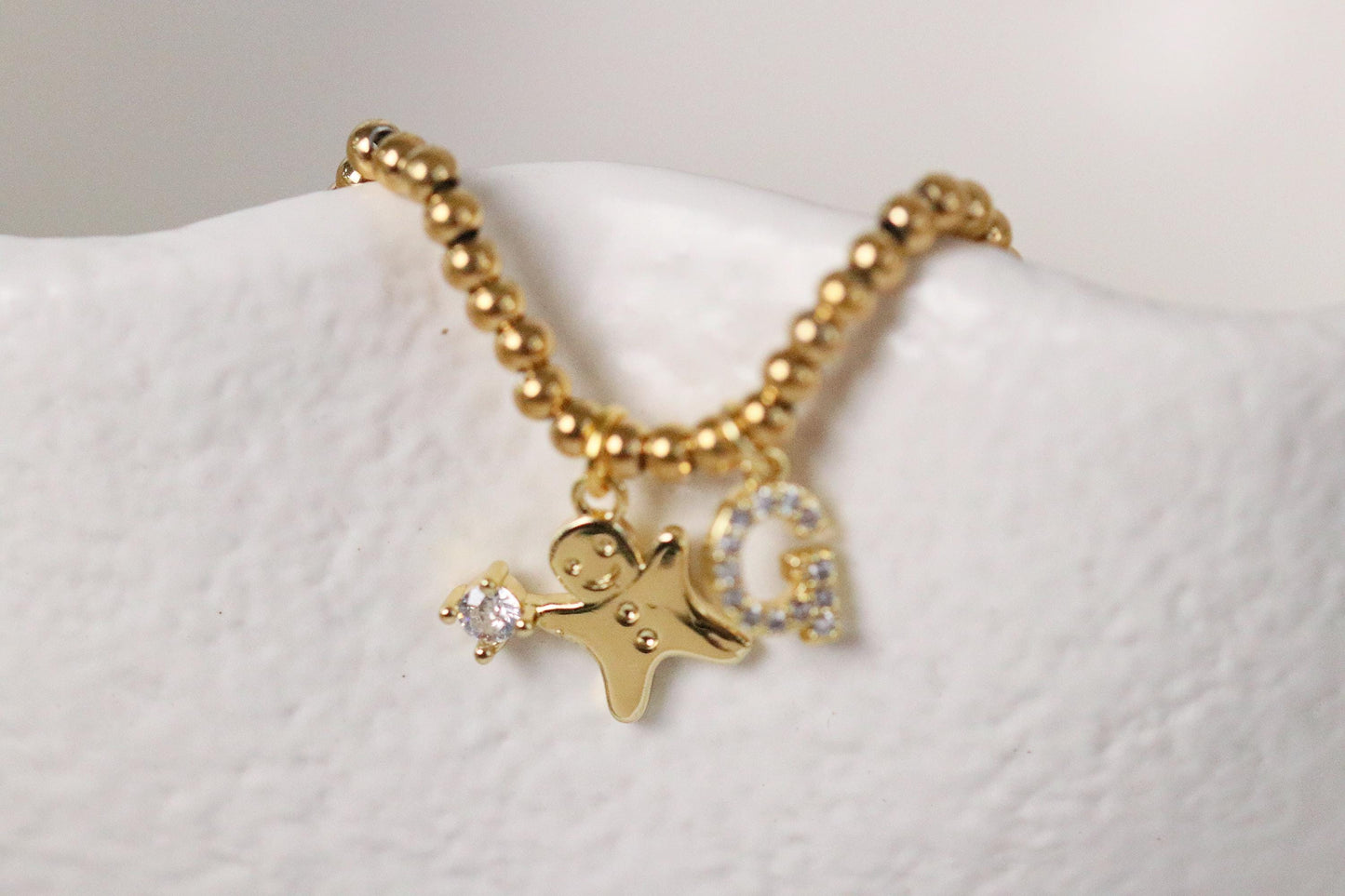 Elastic Gold Filled Beaded Bracelet, Dainty Ginger Bread Man Charm Bangle, Personalised Initial Name Card Jewellery