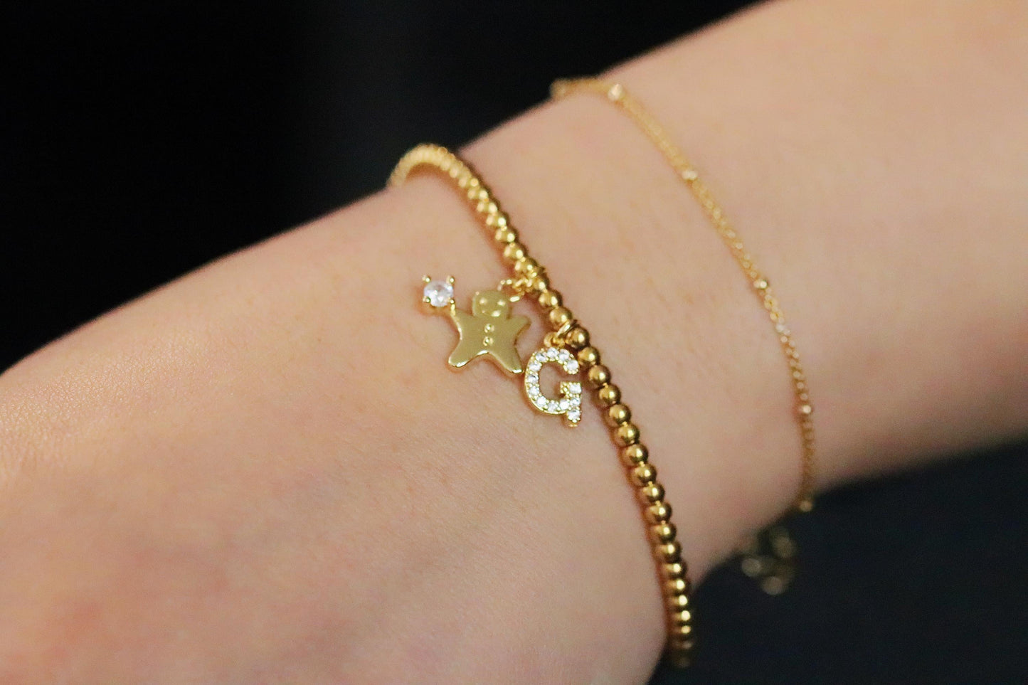 Elastic Gold Filled Beaded Bracelet, Dainty Ginger Bread Man Charm Bangle, Personalised Initial Name Card Jewellery
