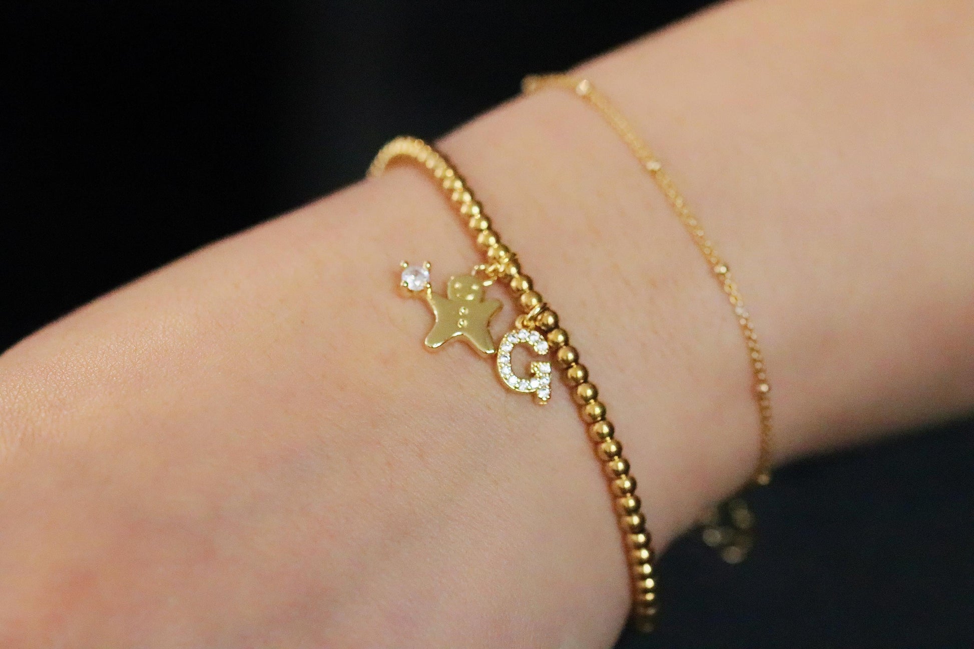 Elastic Gold Filled Beaded Bracelet, Dainty Ginger Bread Man Charm Bangle, Personalised Initial Name Card Jewellery