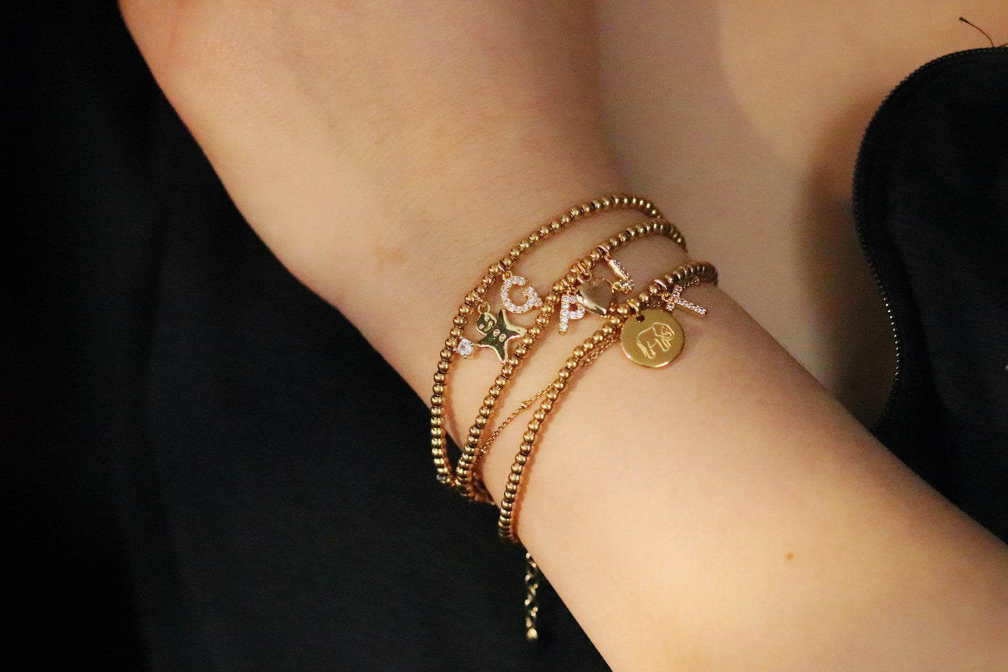 Elastic Gold Filled Beaded Bracelet, Dainty Ginger Bread Man Charm Bangle, Personalised Initial Name Card Jewellery